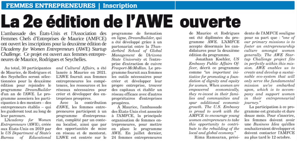 Le Mauricien 06.10.22-Femmes entrepreneures-Inscription-La 2e edition de l’AWE ouverte