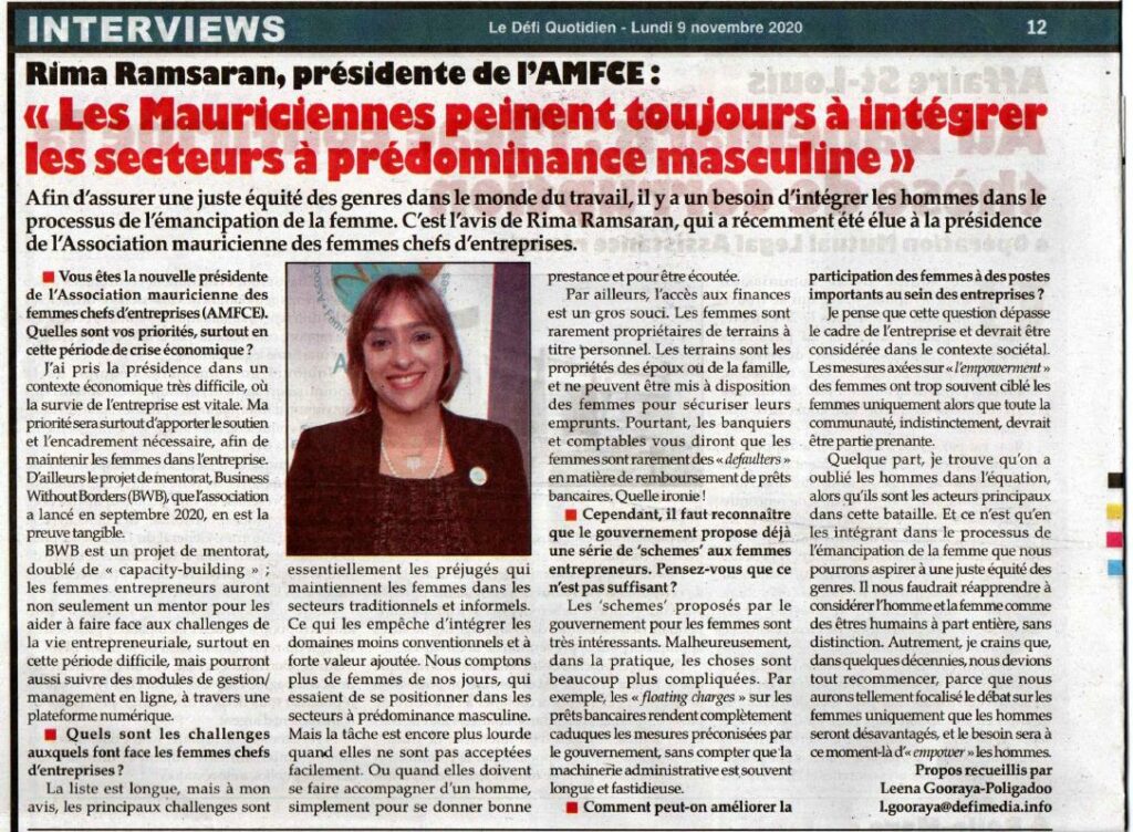 Rima ramsaran, presidente de L’AMFCE-Les mauriciennes peinent toujours a integrer les secteurs a predominance masculine