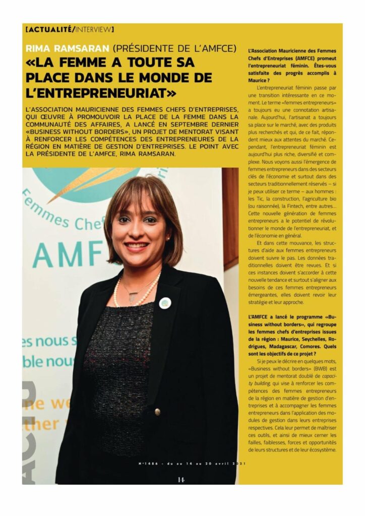 Business Mag 14-20.04.21-Rima Ramsaran-Presidente de l’AMFCE-La femme a toute sa place dans le monde le l’entrepreneuriat