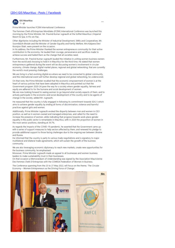 Gis Mauritius facebook-26.05.22-Prime Minister launches FCEM International Conference