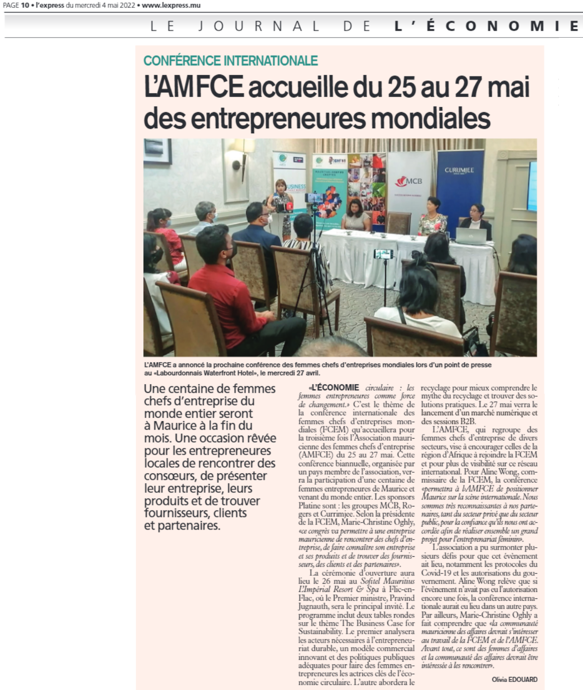 L’Express 04.05.22-L’AMFCE accueille du 25 au 27 mai des entrepreneures mondiales