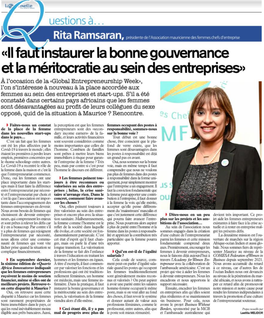 L’Express 15.11.21-Rima Ramsaran-il faut instaurer la bonne gouvernance et la meritocratie au sein des entreprises