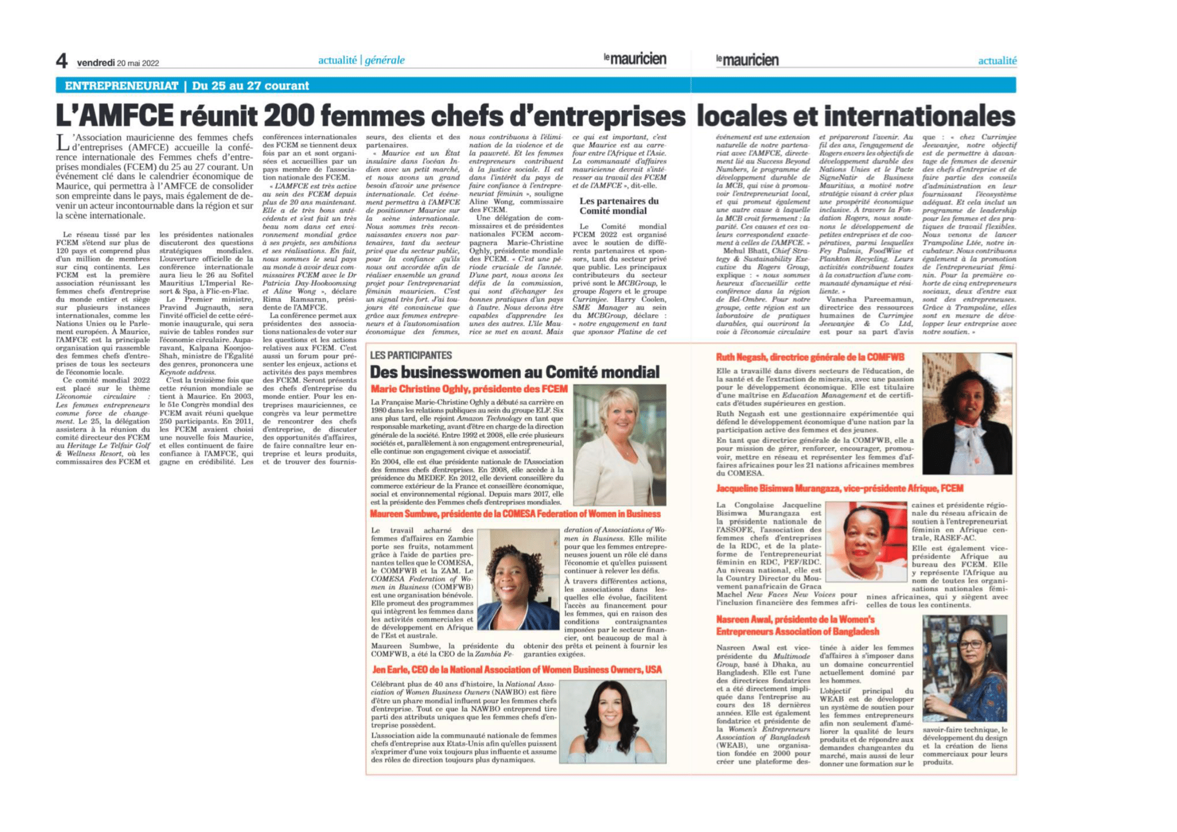 Le Mauricien 20.05.22-Entrepreneuriat du 25 au 27 courant-L’AMFCE reunit 200 femmes..